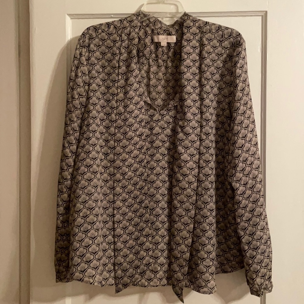 Beige and Black Tie Neck Blouse